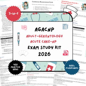 May include: A study kit for the AGACNP Adult-Gerontology Acute Care-NP exam in 2026. The kit includes 450 practice Q&As and over 600 flashcards. The title is in red and the text "3-IN-1" is in a red circle.