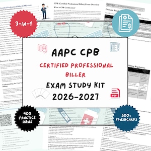 May include: AAPC CPB Certified Professional Biller Exam Study Kit 2026-2027. The image shows study materials with the text "3-IN-1", "400 Practice Q&As", and "500+ Flashcards". Includes a PDF icon and a medical billing icon.