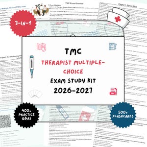 May include: A TMC Therapist Multiple-Choice Exam Study Kit 2026-2027 featuring a 3-in-1 design, 400+ practice questions and answers, and 500+ flashcards. The kit includes icons of a thermometer, a nurse cap, a book, a document, and a PDF file.