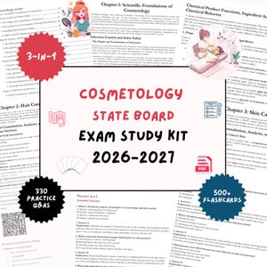 Puede incluir: Un kit de estudio para el examen Cosmetology State Board 2026-2027 con materiales impresos, 330 preguntas y respuestas de práctica, y más de 500 tarjetas didácticas. Incluye un icono de PDF, un icono de examen e ilustraciones de salón.