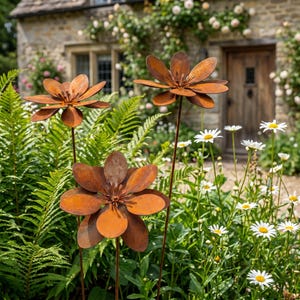 Puede incluir: Tres estacas de jardín de flores de metal oxidado con grandes pétalos estilizados. Las flores son de un color naranja cálido y terroso y se alzan entre helechos verdes y margaritas blancas. Una casa de piedra y una puerta de madera se encuentran en el fondo.