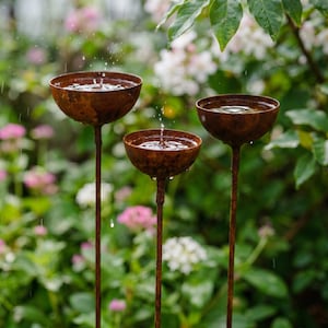Könnte beinhalten: Drei rostige, braune Vogeltränken aus Metall mit Wassertropfen. Die Vogeltränken stehen auf hohen, dünnen Stielen vor einem verschwommenen Hintergrund aus grünem Laub und Blumen. Das Bild fängt einen Moment des Regens ein.
