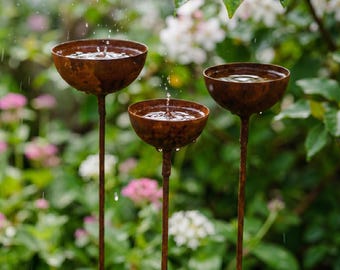Mini Bird Bath Stake, Rustic Bee Waterer, Rain Catcher, Metal Garden Feeder, Yard Art
