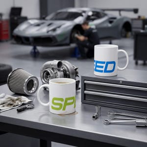 May include: Two white ceramic mugs featuring the word SPEED in bold blue and lime green lettering. The mugs are placed on a metal workbench alongside a silver turbocharger, a conical air filter, several metal wrenches, and a socket tool.