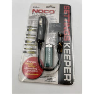 May include: A black NOCO Settings Keeper device with a 9V battery included. The package features the text "Keep your Personal Settings when replacing your battery!" and is designed to maintain vehicle settings during battery replacement.