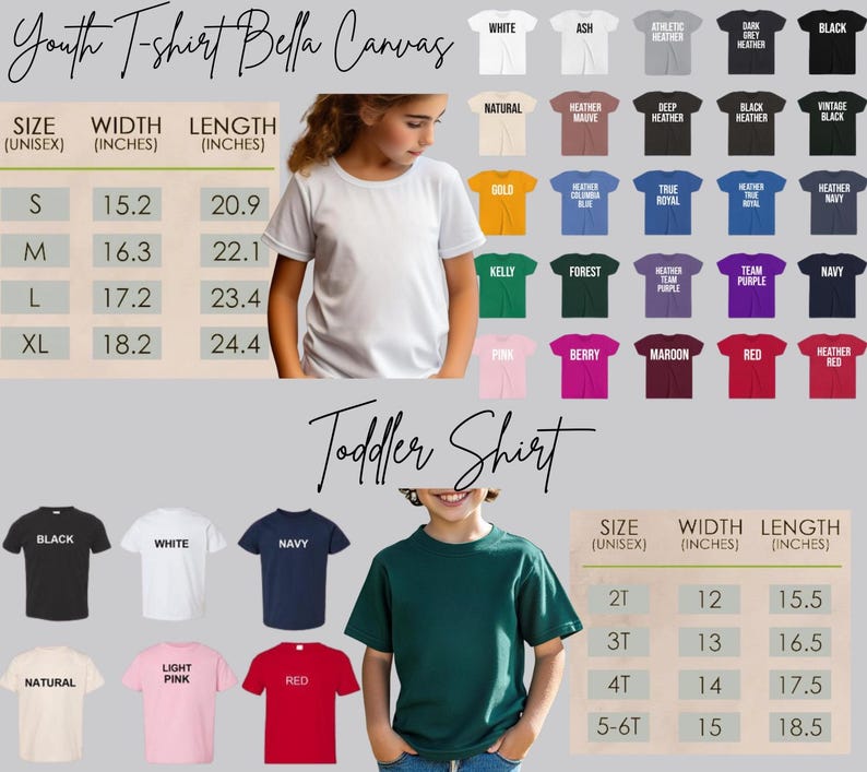 May include: An image displaying a range of youth and toddler t-shirts in different colours. Size charts with measurements in inches are included for both youth and toddler sizes. The text "Youth T-shirt Bella Canvas" and "Toddler Shirt" are visible.
