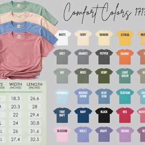 May include: A selection of unisex t-shirts in shades of green, beige, blue, and pink. A colour chart shows various t-shirt options, and a size chart provides measurements in inches. The text "Comfort Colors 1717" is displayed at the top of the image.