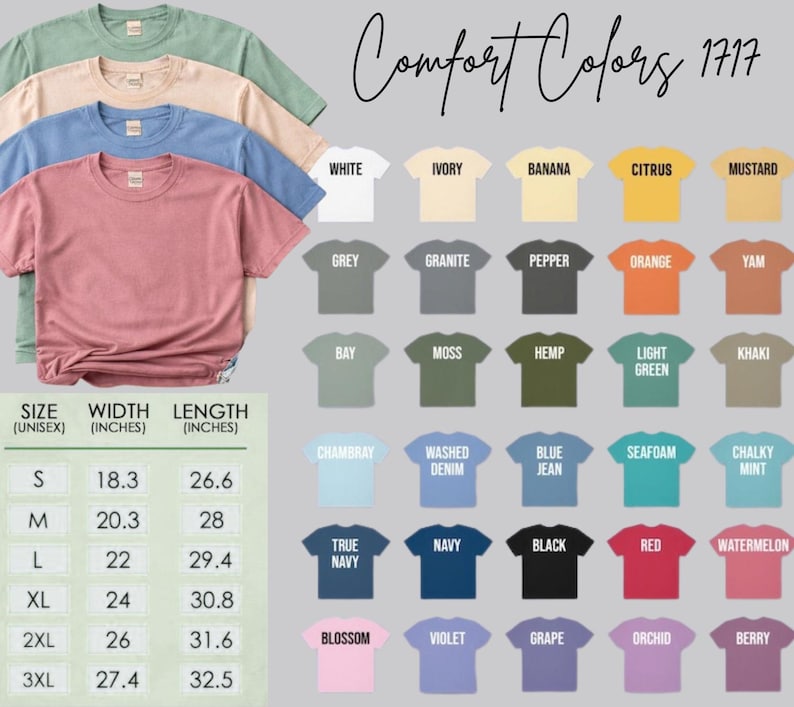 May include: A selection of unisex t-shirts in shades of green, beige, blue, and pink. A colour chart shows various t-shirt options, and a size chart provides measurements in inches. The text "Comfort Colors 1717" is displayed at the top of the image.