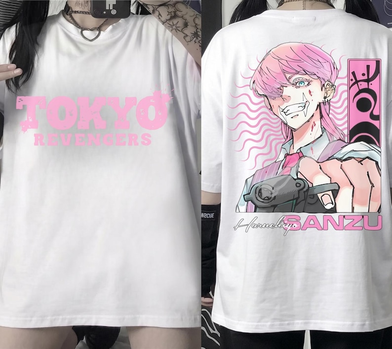 May include: White t-shirt with the text "TOKYO REVENGERS" in pink on the front. The back features a pink-haired anime character holding a gun, with the name "SANZU" and other Japanese text.