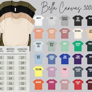 May include: A selection of Bella Canvas 3001 t-shirts in a range of colours, such as black, white, and orange. The image includes a size chart with measurements in inches, and a colour chart with names like "Heather Ice Blue" and "True Royal".