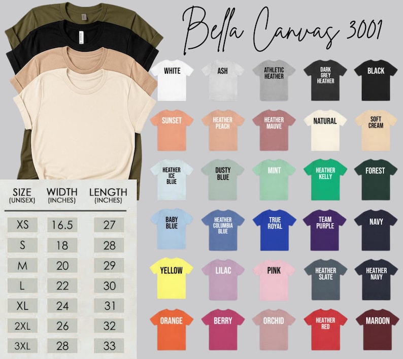 May include: A selection of Bella Canvas 3001 t-shirts in a range of colours, such as black, white, and orange. The image includes a size chart with measurements in inches, and a colour chart with names like "Heather Ice Blue" and "True Royal".