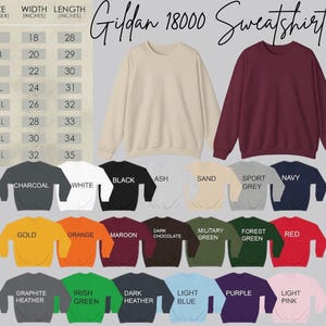 May include: A Gildan 18000 sweatshirt in a range of colours, such as charcoal, white, black, and red. The image includes a size chart with measurements in inches, and a variety of available colours.
