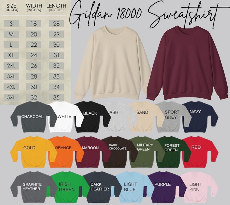 May include: A Gildan 18000 sweatshirt in a range of colours, such as charcoal, white, black, and red. The image includes a size chart with measurements in inches, and a variety of available colours.