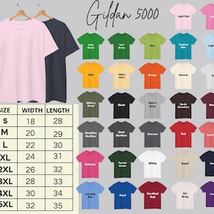 May include: A selection of Gildan 5000 t-shirts in diverse colours, such as pink and navy blue, displayed on wooden hangers. A size chart provides measurements in inches. Additional colour options are also shown.