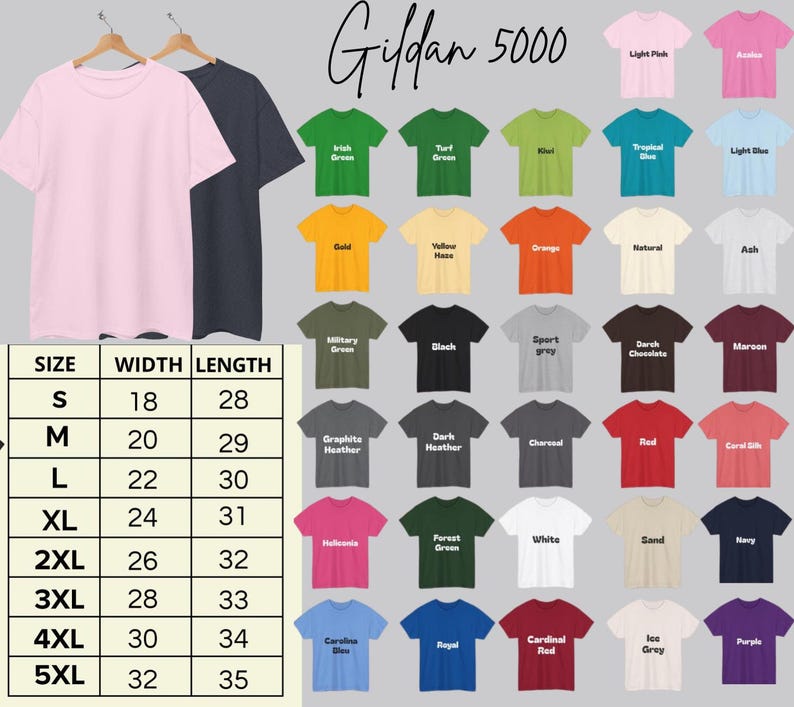 May include: A selection of Gildan 5000 t-shirts in diverse colours, such as pink and navy blue, displayed on wooden hangers. A size chart provides measurements in inches. Additional colour options are also shown.