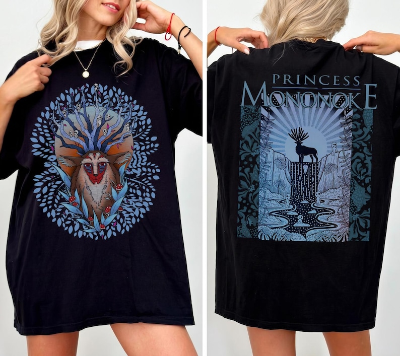 May include: Black t-shirt featuring a front graphic of a deer-like creature with a tree-like head, surrounded by blue foliage. The back of the shirt displays the text "PRINCESS MONONOKE" above a nature scene with a deer silhouette.