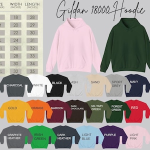 May include: A range of Gildan 18000 hoodies in diverse colours, such as pink and green, with a size chart showing width and length in inches. The hoodies are unisex and available in sizes S to 5XL.