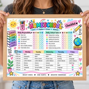 Puede incluir: Un cuadro de lista de verificación para educación en casa con un horario semanal colorido, rastreadores de tareas diarias y escolares, e ilustraciones de libros, un globo terráqueo y un sol. El texto incluye "HOMESCHOOL", "Checklist" y "BRIGHT MINDS KIND HEARTS BRIGHTER TOMORROWS".