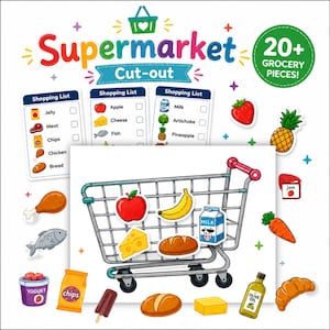 Peut inclure: Un ensemble de découpages Supermarket comprenant une illustration de chariot, trois listes de courses et plus de 20 découpages d'articles d'épicerie dont une pomme, une banane, du lait, du fromage, du pain, du poulet, du poisson, du yaourt, des chips, une glace, une carotte, de l'huile d'olive et un croissant.