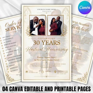 May include: A printable church programme template for a 30th pastoral anniversary celebration. The design features gold text, decorative leaf borders, and two photo frames showing a couple. It includes sections for order of service and gratitude.