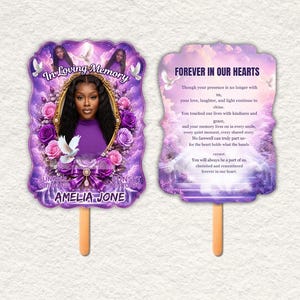 May include: A memorial funeral fan template featuring a purple theme with floral accents, a portrait of a person in a gold frame, and the text In Loving Memory, Amelia Jone, and Forever In Our Hearts with a poem on a wooden handle.