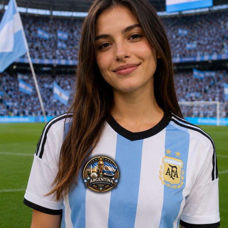 May include: A white and light blue striped soccer jersey featuring a black V-neck collar and black shoulder stripes. The chest displays the Argentina national team crest with two gold stars and a circular emblem reading Argentina 2026.