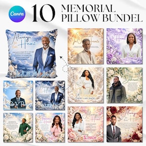 Pode incluir: Um pacote digital de 10 designs de almofadas memoriais com retratos de indivíduos, detalhes florais, pombas e textos como Always In Our Hearts, Forever In Our Hearts e I'll Forever Cherish My Angel, apresentados em um layout de grade.