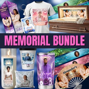 May include: A memorial bundle featuring various items with personalized images and text. Includes a white t-shirt, bookmarks, a keychain, a candle, a tumbler, a pillow, and a casket. The text "ETERNAL MEMOR" and "MEMORIAL BUNDLE" are visible.