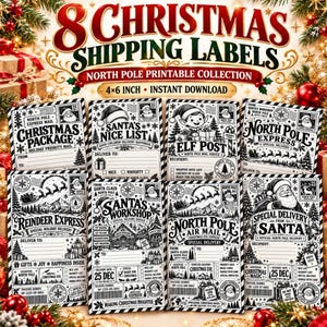 Pode incluir: Um conjunto de oito etiquetas de envio de Natal imprimíveis em preto e branco com designs festivos, incluindo North Pole Express e Santa's Workshop, medindo 10,16x15,24 cm cada, com espaços para detalhes do remetente e destinatário.