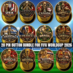 May include: A collection of twelve circular pin buttons featuring the FIFA World Cup 2026 trophy and national emblems for countries including the USA, Mexico, Canada, Portugal, Argentina, France, Brazil, Germany, Morocco, Belgium, Egypt, and Spain.