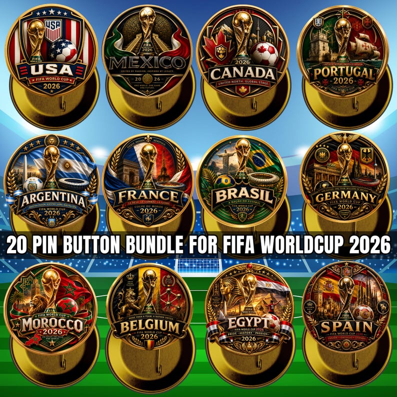 May include: A collection of twelve circular pin buttons featuring the FIFA World Cup 2026 trophy and national emblems for countries including the USA, Mexico, Canada, Portugal, Argentina, France, Brazil, Germany, Morocco, Belgium, Egypt, and Spain.