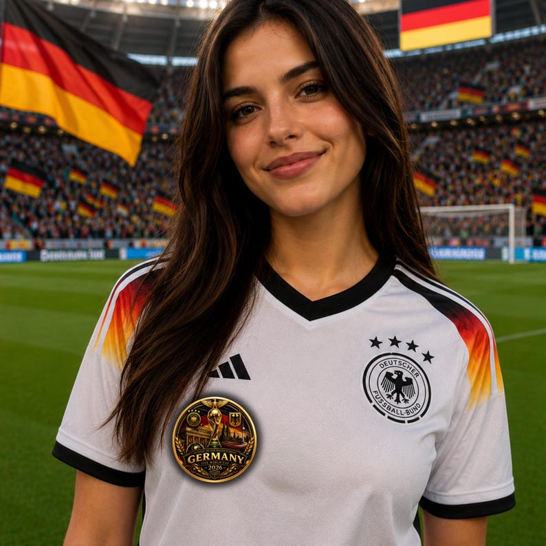 May include: A white soccer jersey with black trim and a gradient red, yellow, and black shoulder design. The shirt features the German national team crest with four stars and a circular gold emblem with the text Germany 2026 on the chest.