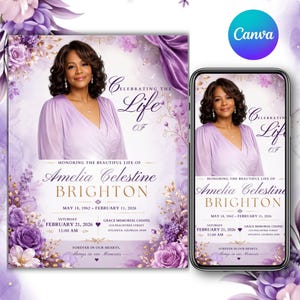 May include: A funeral program template featuring a portrait of a person in a lavender dress, surrounded by purple floral illustrations. The text reads Celebrating the Life of Amelia Celestine Brighton, May 18, 1962 - February 11, 2026, and event details.