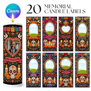 May include: A set of 20 memorial candle labels featuring vibrant Day of the Dead motifs, including sugar skulls, marigold flowers, and colorful banners. Each rectangular label includes a central frame for a photo, a space for a name, and decorative borders.