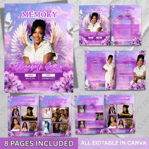 May include: A memorial program template featuring a purple and blue sky background with white doves and angel wings. The design includes text reading In Loving Memory, Elizabeth Grace, and Sunrise May 29, 1991, Sunset November 6, 2025, with floral accents.