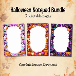 May include: A Halloween Notepad Bundle with 3 printable pages, size 4x6. The first page features ghosts and pumpkins in purple and pink. The second page has autumn leaves and pumpkins. The third page displays black cats, pumpkins, and purple accents.