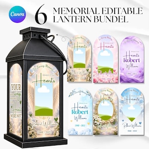 May include: A black metal lantern featuring a memorial insert with the text In Loving Memory Always in our Hearts Robert Williams 1948-2022 and Your wings were ready but our hearts were not. Includes six additional arched memorial design templates.