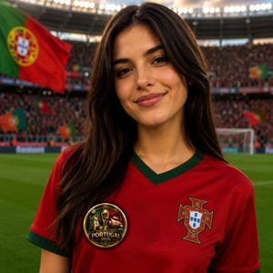 May include: A red soccer jersey with dark green trim on the V-neck and sleeves. The shirt features the Portugal national crest on the left chest and a circular emblem on the right side displaying a trophy and the text PORTUGAL 2026.