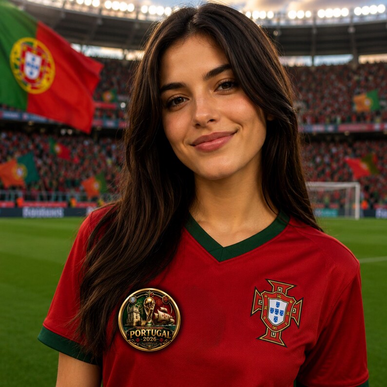 May include: A red soccer jersey with dark green trim on the V-neck and sleeves. The shirt features the Portugal national crest on the left chest and a circular emblem on the right side displaying a trophy and the text PORTUGAL 2026.