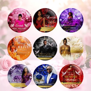 May include: Nine circular memorial keepsakes, each with a portrait, name, and dates. Designs include floral and celestial themes, with text like "In Loving Memory". The keepsakes have a glossy finish. Measurements are not applicable.