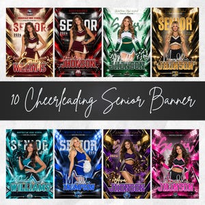May include: A collection of eight digital cheerleading senior banners featuring athletes in various team uniforms. Each banner displays the text Senior 2026, school names, and individual names in stylized fonts against vibrant, stadium-themed backgrounds.