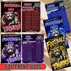 May include: A collection of Victory Heights High School Tigers football 2026 posters in red, blue, purple, and gold colour schemes. Each poster features a snarling tiger graphic, team roster lists, and the text Victory Heights High School.