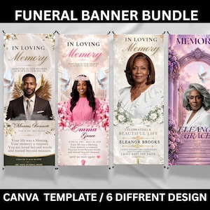 May include: A funeral banner bundle featuring four vertical templates with memorial text, floral accents, and portraits of individuals. Each banner includes phrases like In Loving Memory, names, dates, and religious quotes on light-colored backgrounds.