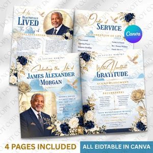 May include: A four-page funeral program template featuring a portrait of James Alexander Morgan, navy blue and white roses, gold accents, and flying doves. The text includes "A Life Beautifully Lived," "Order of Service," and "With Heartfelt Gratitude."