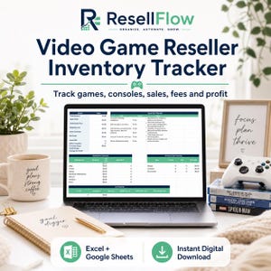 May include: A laptop screen shows a spreadsheet labelled "Video Game Reseller Inventory Tracker." The image features a coffee mug, a notebook, a pen, a framed print, a game controller, and books. The text on the screen says "Track games, consoles, sales, fees and profit."