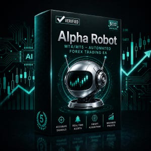 Puede incluir: Una caja negra con el texto "Alpha Robot" y "MT4/MT5 - AUTOMATED FOREX TRADING EA." Una cabeza de robot plateada muestra un gráfico de bolsa. La caja también presenta iconos para señales precisas, alertas en tiempo real, algoritmo inteligente y maximizar ganancias.