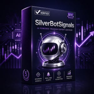 Peut inclure: Boîte de produit pour SilverBotSignals, un conseiller expert en trading basé sur l'IA. La boîte est noire avec des accents violets et présente une tête de robot argentée avec un écran affichant un graphique boursier. Le texte comprend "Vérifié" et "5 étoiles".