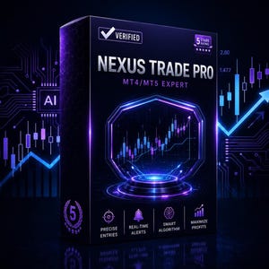 May include: A black rectangular software box labeled Nexus Trade Pro MT4/MT5 Expert. The design features neon blue and purple financial candlestick charts, an AI circuit board graphic, a verified checkmark, and icons for entries, alerts, and profits.