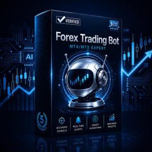 Peut inclure: Une boîte bleu foncé avec le texte "Forex Trading Bot" et "MT4/MT5 EXPERT". Elle présente une tête de robot argentée avec un écran affichant un graphique boursier. La boîte comprend également des icônes pour des signaux précis, des alertes en temps réel et des algorithmes intelligents.