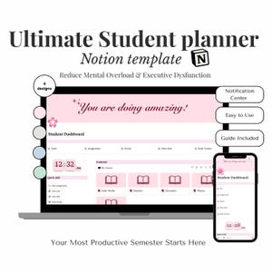Könnte beinhalten: Eine digitale Notion-Vorlage für Studierende, dargestellt auf einem Laptop und Smartphone. Die Benutzeroberfläche zeigt ein rosa Farbschema, ein Student-Dashboard, Kursmodule, eine Uhr und Text wie "Ultimate Student planner" und "You are doing amazing!"